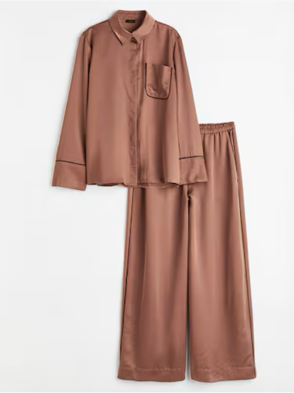 H&M Brown Satin Two-Piece Pajama Set with Black Piping